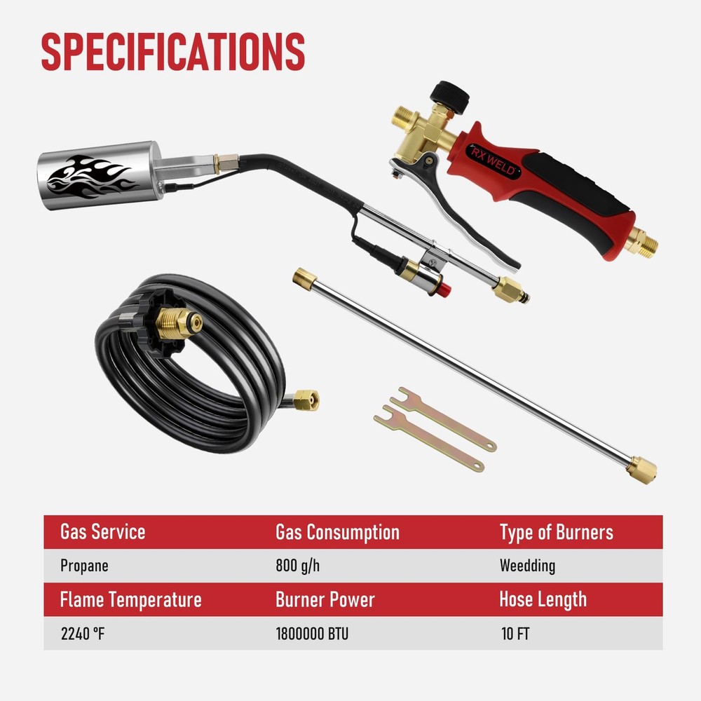 High Output 1,800,000 BTU Propane Weed Torch 10FT Hose Turbo Trigger