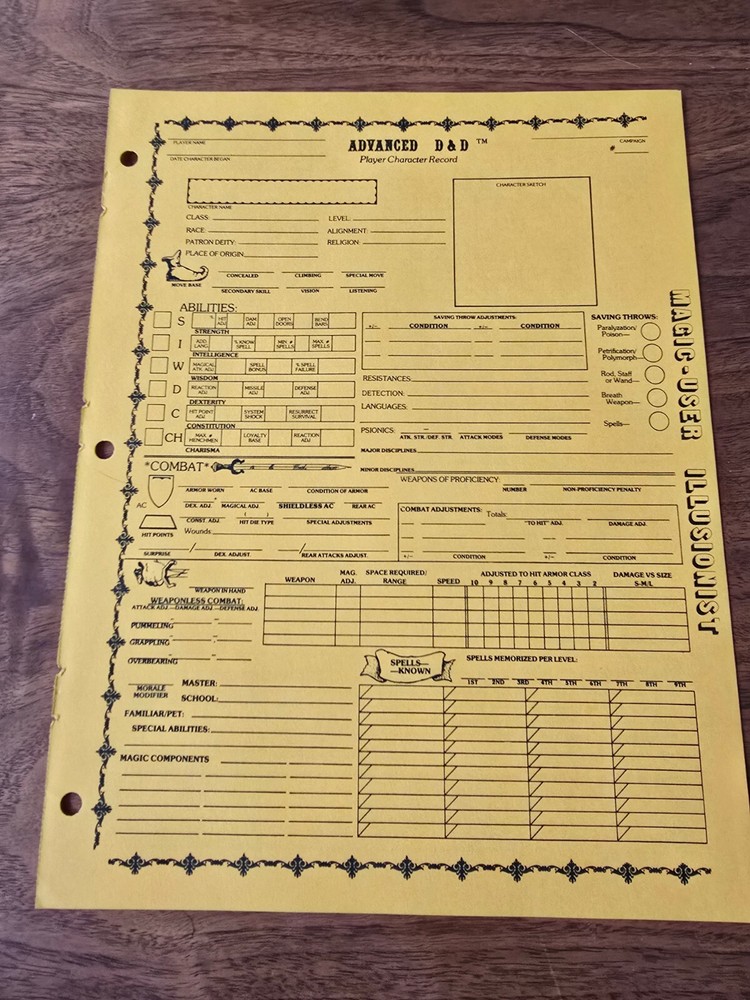 AD&D REF2 Player Character Record Sheet Singles Magic-User/Illusionist TSR