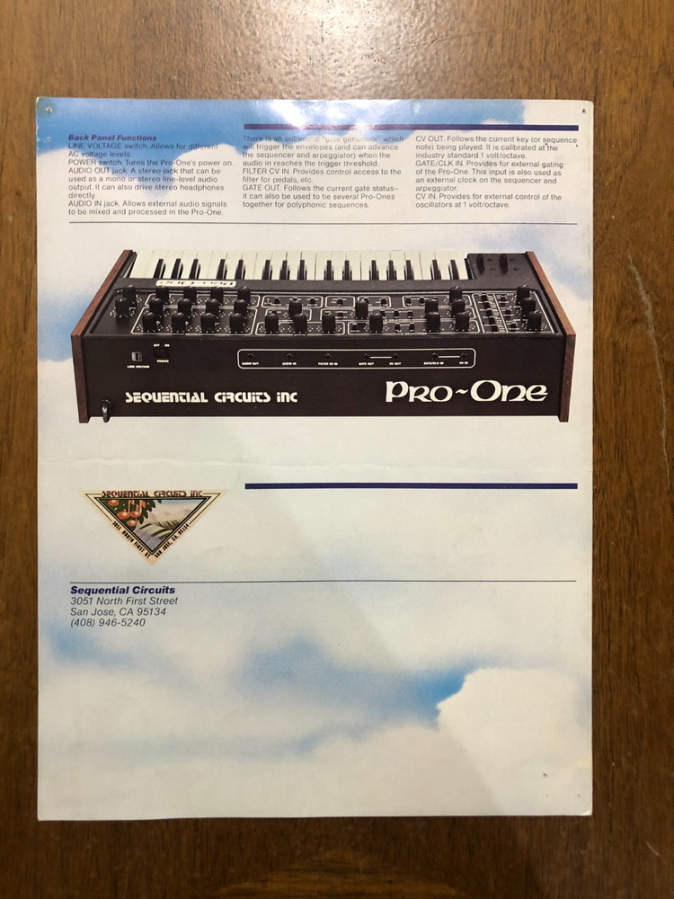Sequential Pro - One Synthesizer Original Sales Brochure