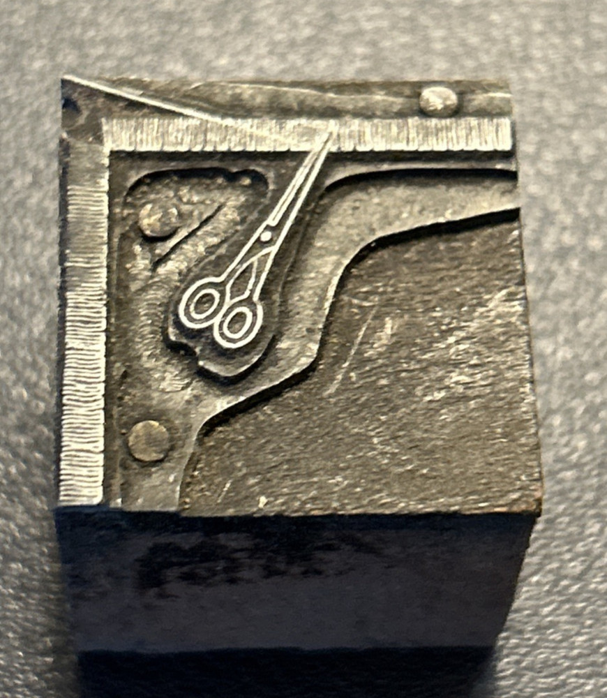 scissors cutting string, sewing, thread | vintage letterpress printing block
