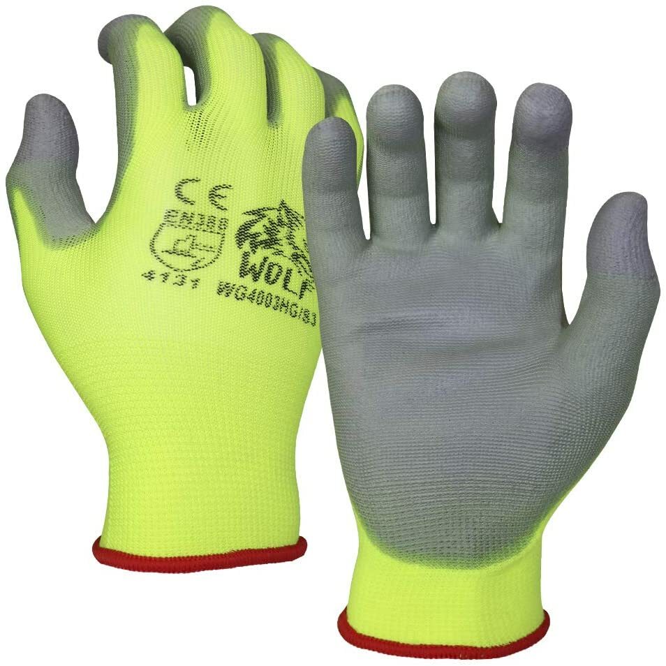 WOLF Work Gloves High-Viz Green Ultra-Thin PU Palm Coated Multi-Purpose 12 Pairs