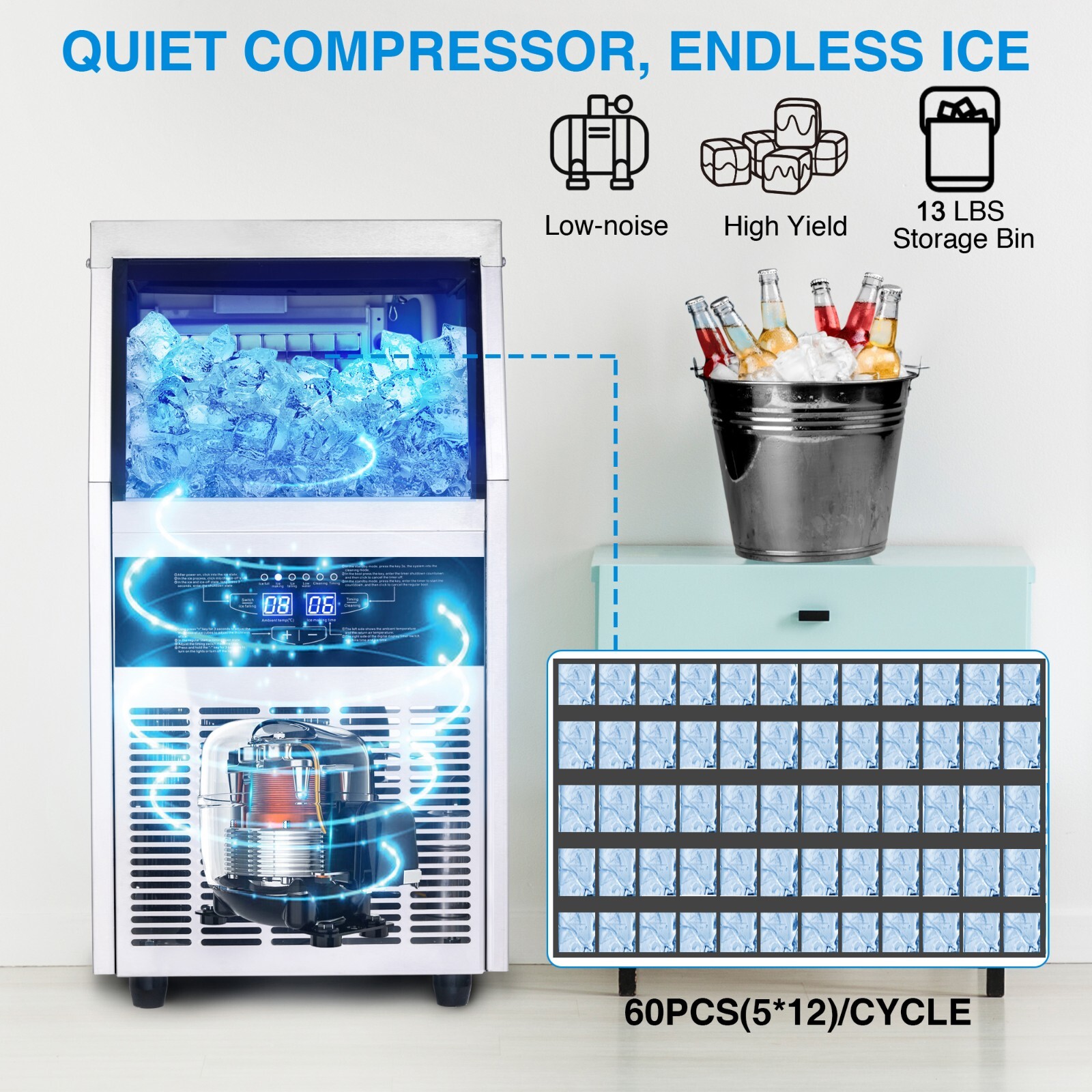 Commercial Ice Maker 150lbs Stainless Steel Built-in Cube Machine Bar Restaurant