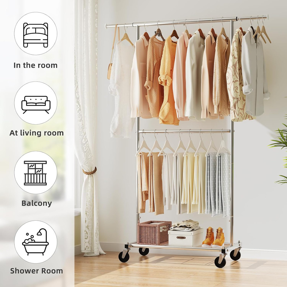 Extendable Chrome Garment Rack with Wheels and Bottom Shelf