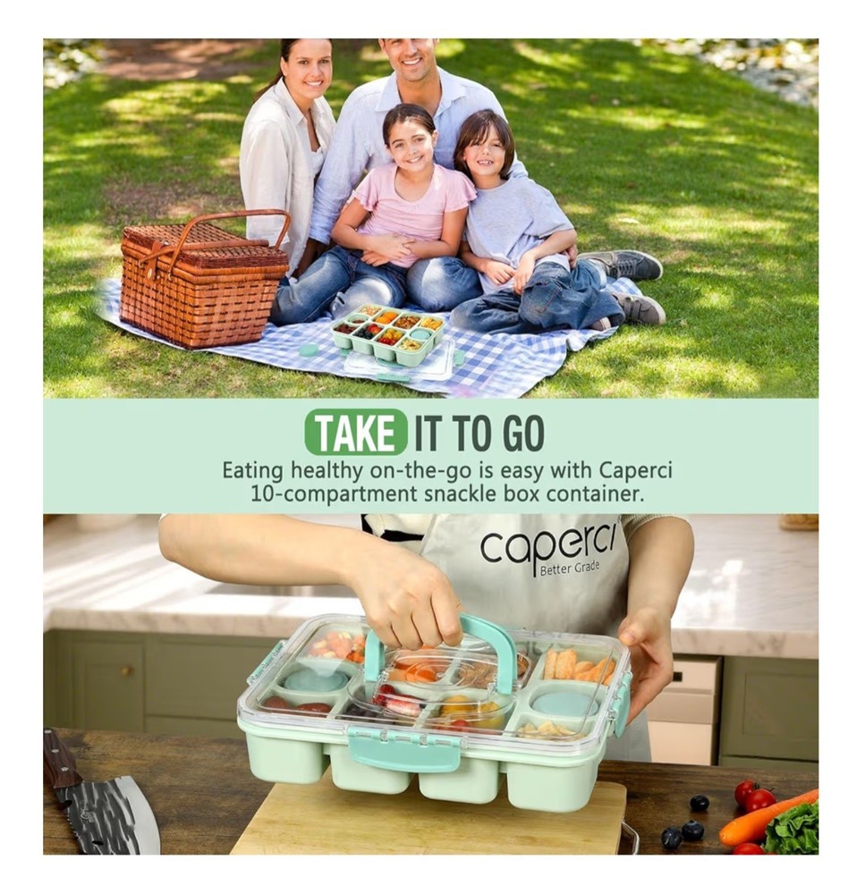 Caperci Original Snackle Box Container - 10-Compartment Divider. Mint Green