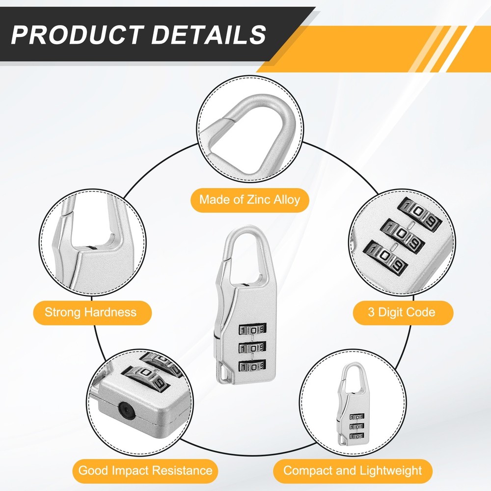 5Pcs Resettable 3 Digit Combination Lock Code Padlock, Silver (55 x 21mm)