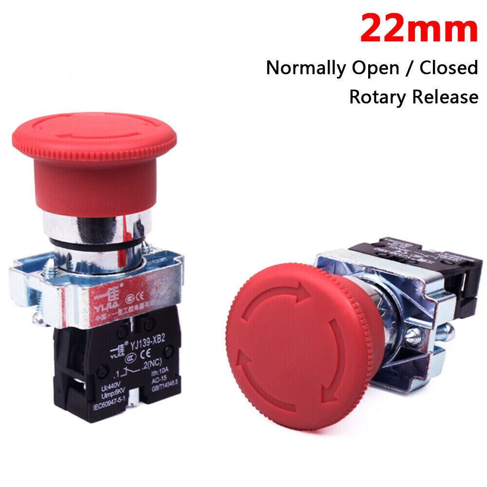 2x Red Mushroom Head 22mm E-STOP Emergency Stop Push Button Switch 1NO 1NC XB2