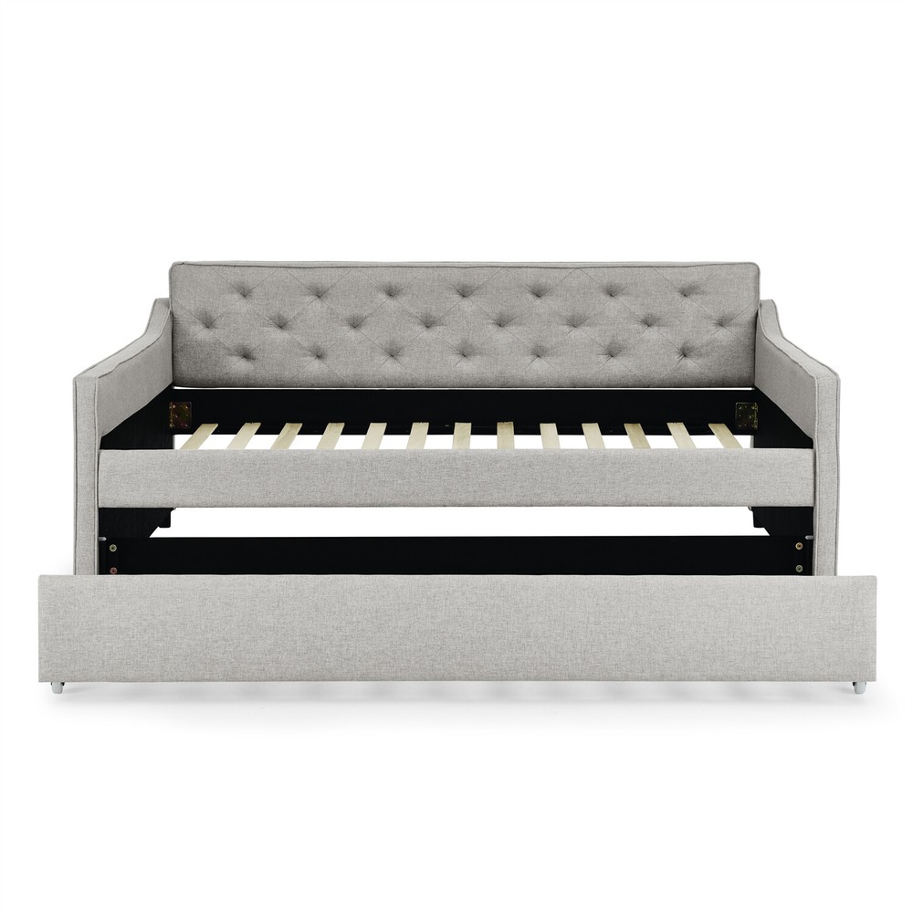 Full Size Daybed w/ Pull-Out Trundle Bed Linen Upholstered Bed Frame Sofa Bed US