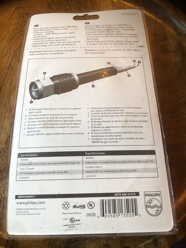 Phillips RG6 12 ft Quad Shield Coaxial Cable New In Package