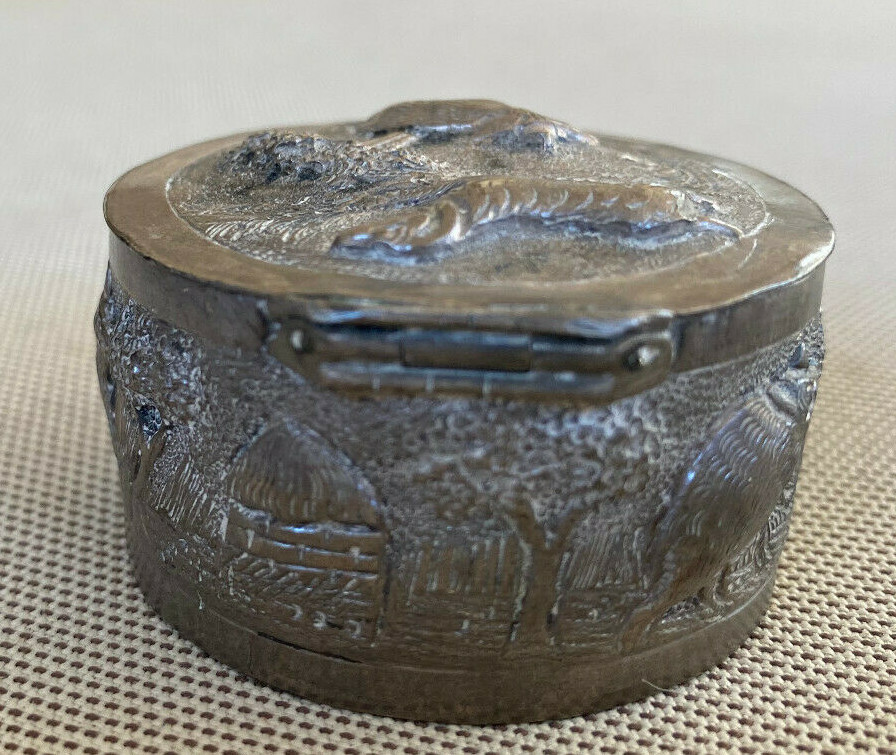 Antique Repousse Silverwork Trinket Patch Box Animals Trees Round Handmade