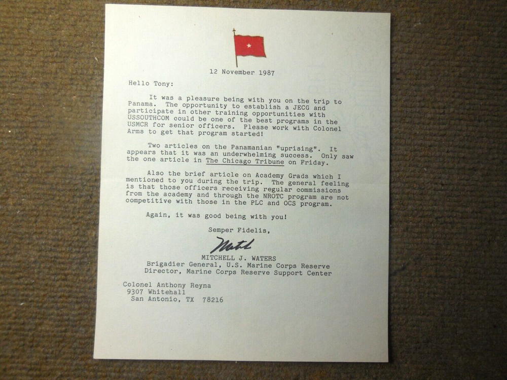 1987 US Marine Corps General Mitchell J. Waters Letter