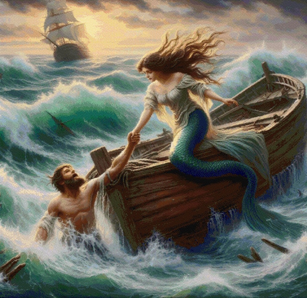 Mermaid Saving her Lover Cross Stitch Design Includes Full Pattern Keeper File
