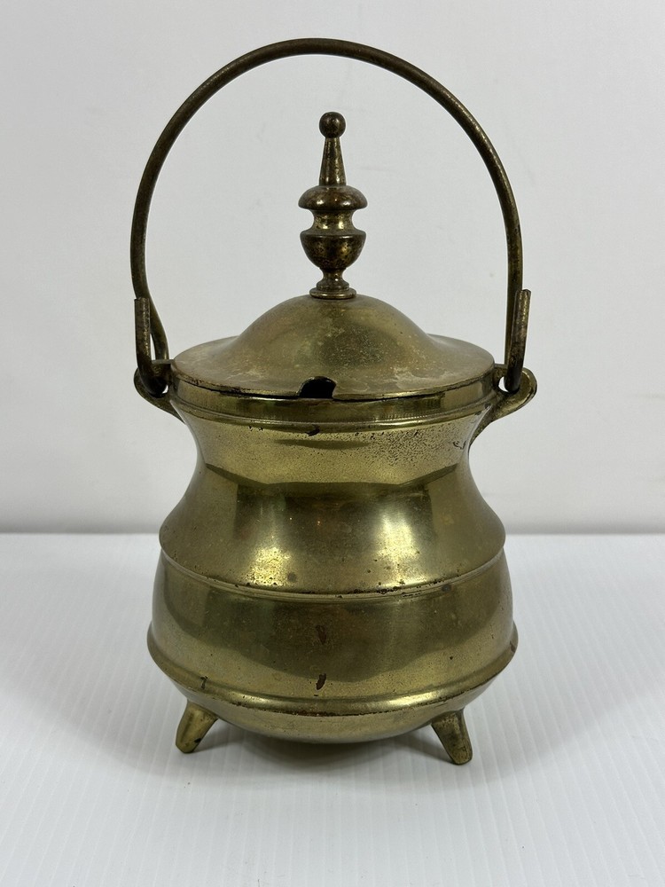 Vintage Solid Brass 3 Footed Fireplace Smudge Pot With Lid