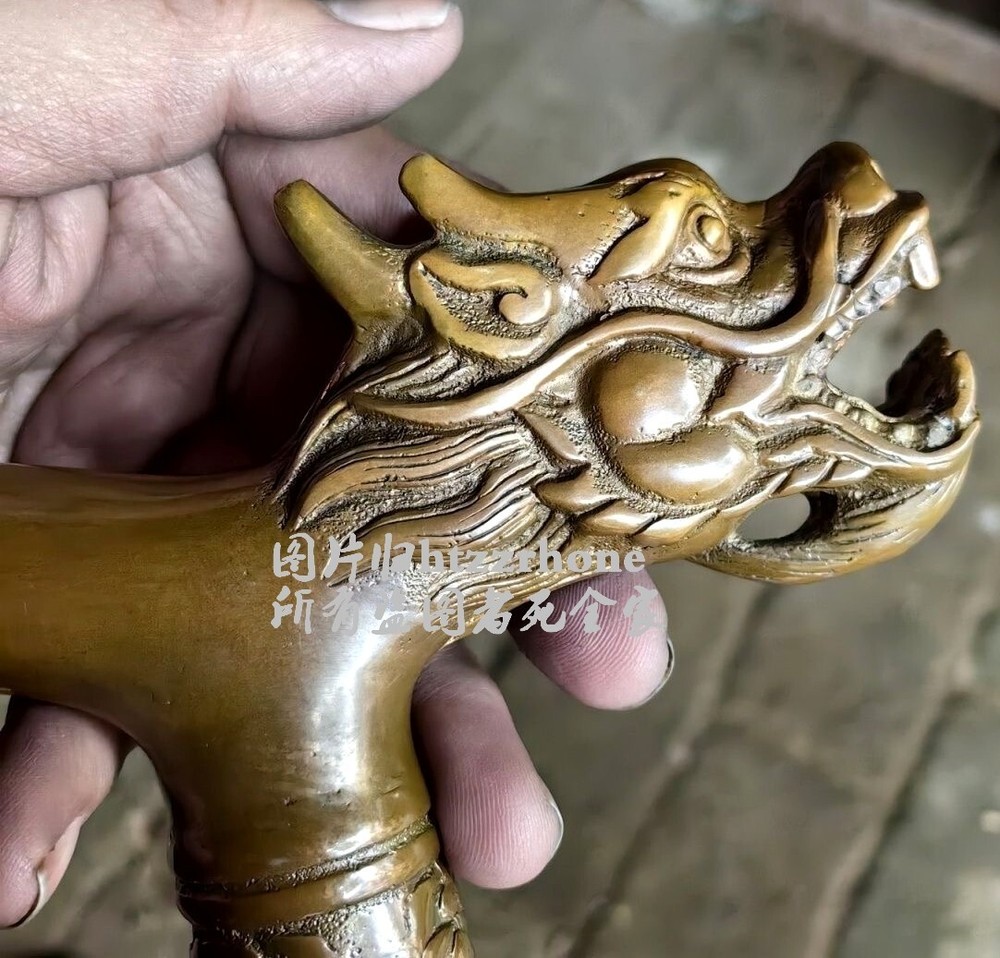 Solid Brass Chinese Dragon Head Statue Walking Stick Cane Handle Top Topper