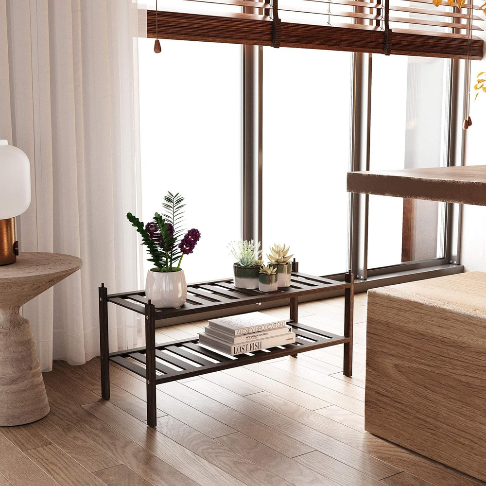 Bamboo 2-Tier Shoe Rack Stackable Shelf Storage Organizer for Entryway, Hallway