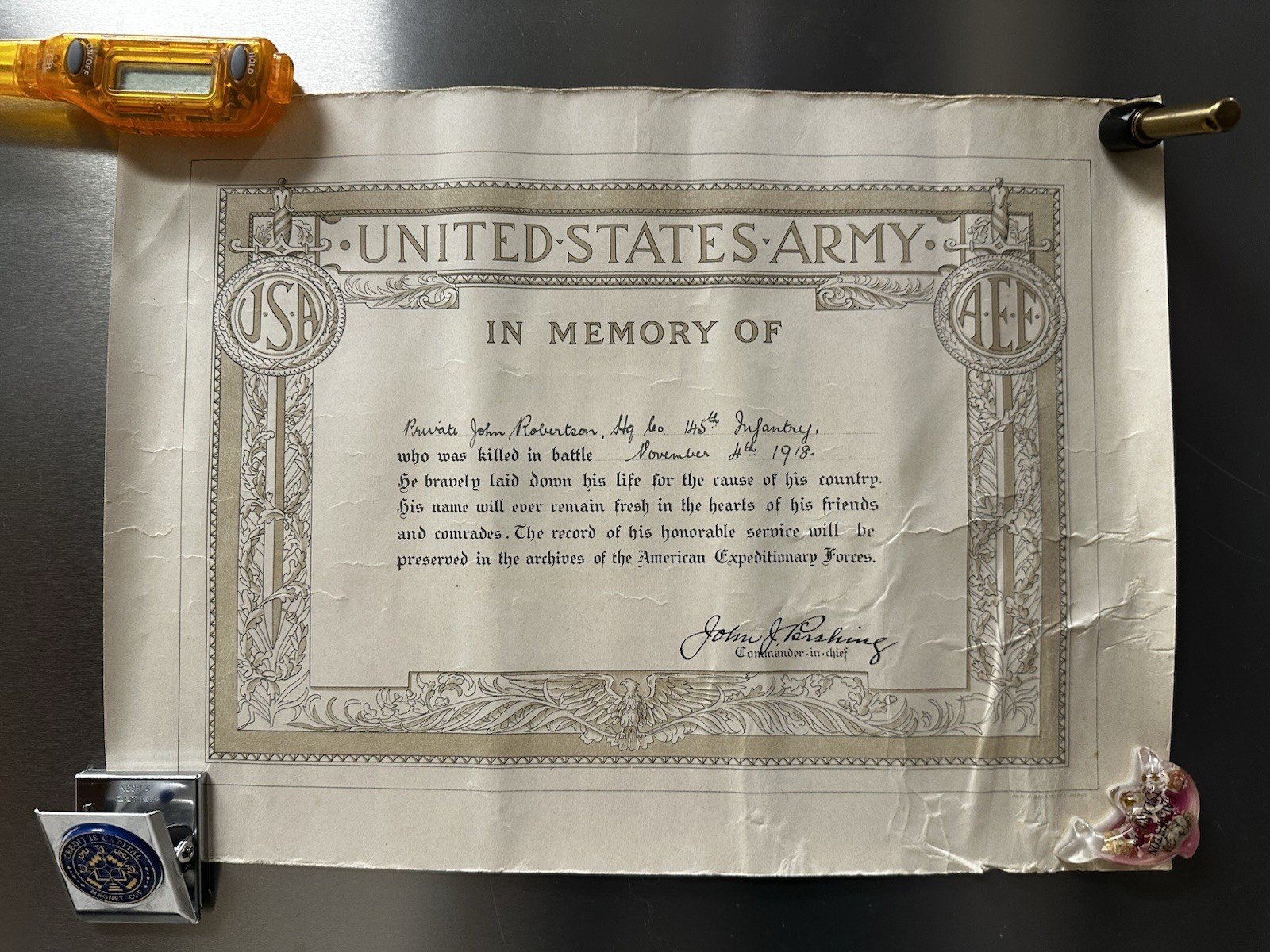 WWI KIA 6-Doc Set Pershing Hand Signed 145th Infantry Belgium 1918