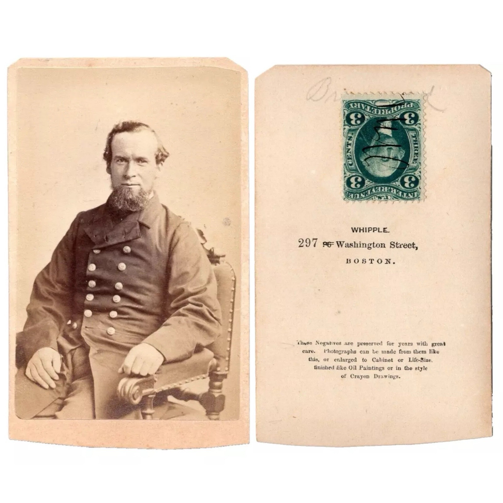 BOSTON Civil War Union Military Man Goatee Rev Stamp over ID CDV by WHIPPLE
