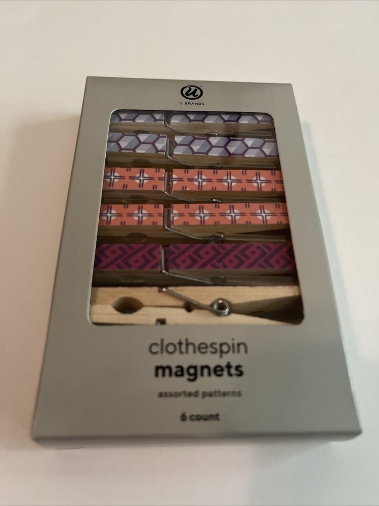 U Brands Assorted Retro Patterns Clothespin Magnets 6 Count New