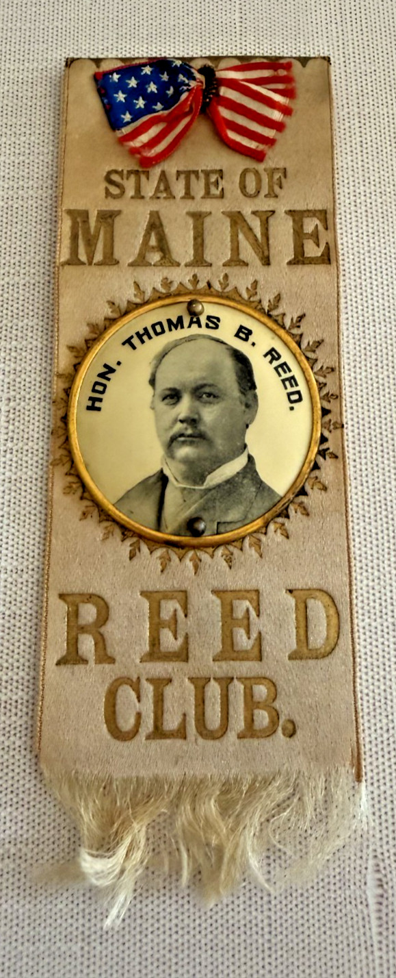 1896 McKinley Hobart Campaign Ribbon w Thomas B. Reed Celluloid – Whitehead