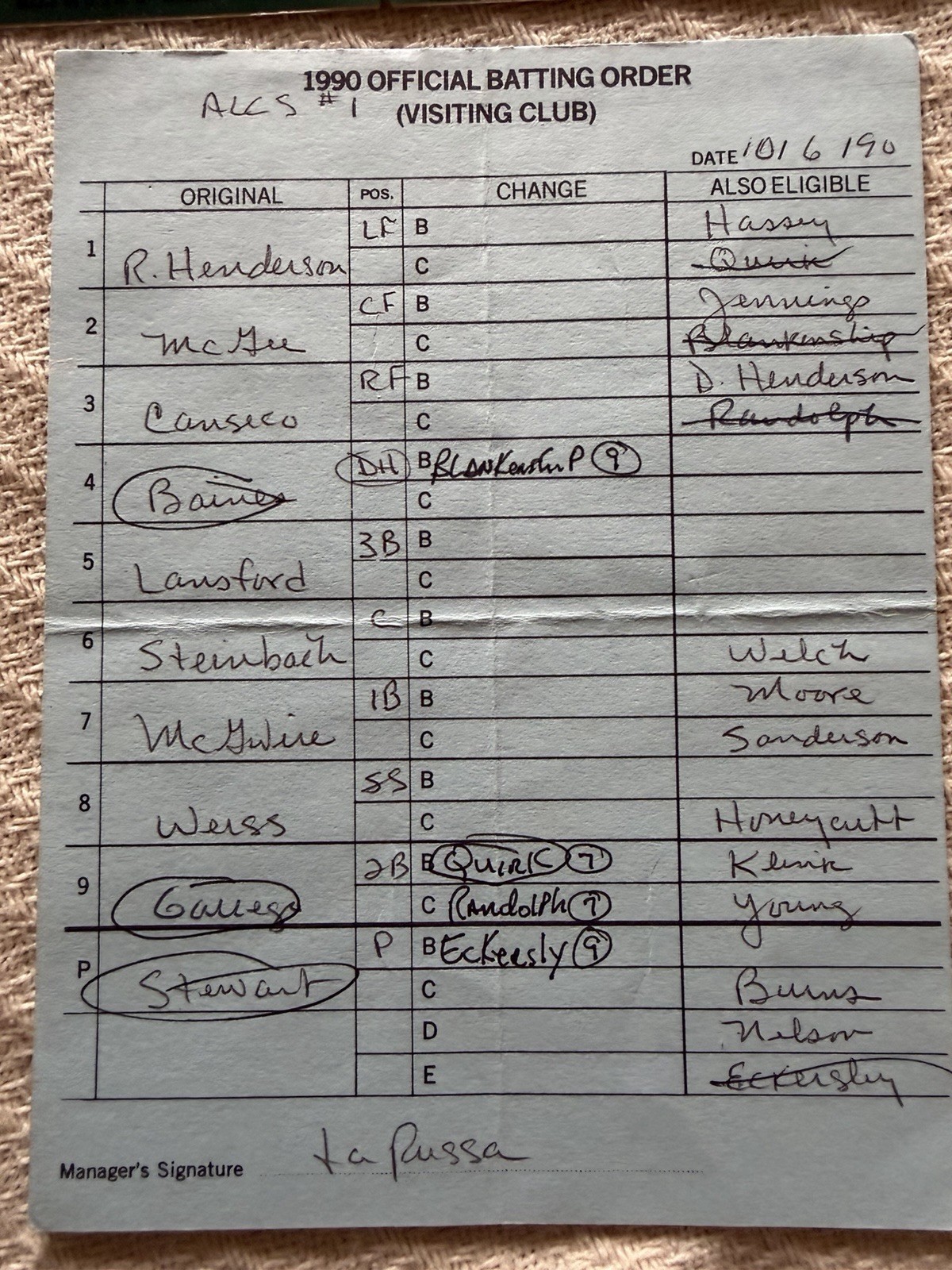 Original  Oakland Athletics 1990 ACLS Game 1 Lineup Card + Tickets + More