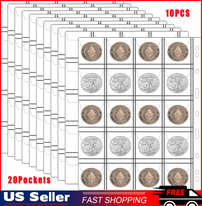 10 Sheets Coin Collection PagesCoin Binder Inserts Sleeves with 9 Hole for