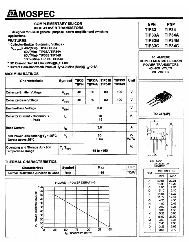 TIP34C Complimentary High Power Transistor (QTY 1)