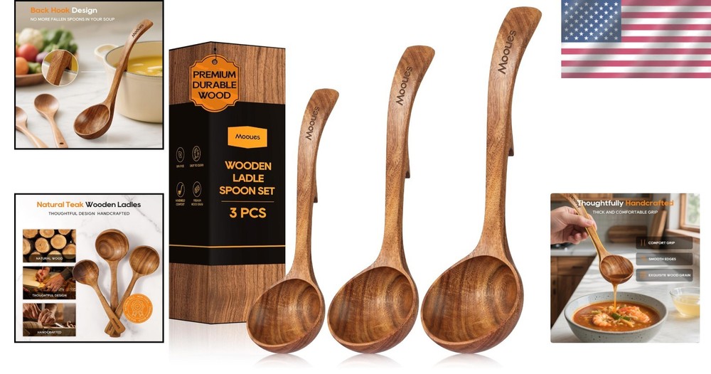 Teak Wood Ladle Set with Back Hooks