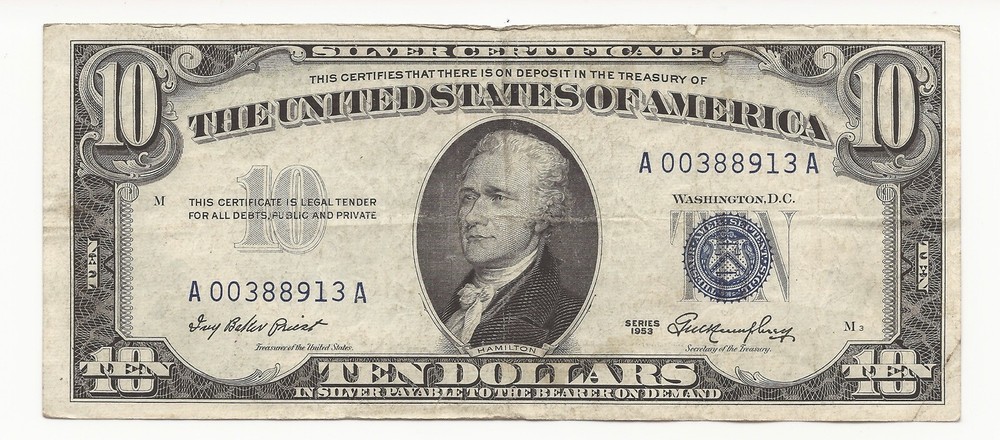 1953 $10 Dollar Bill Silver Certificate Note 913A-AHB