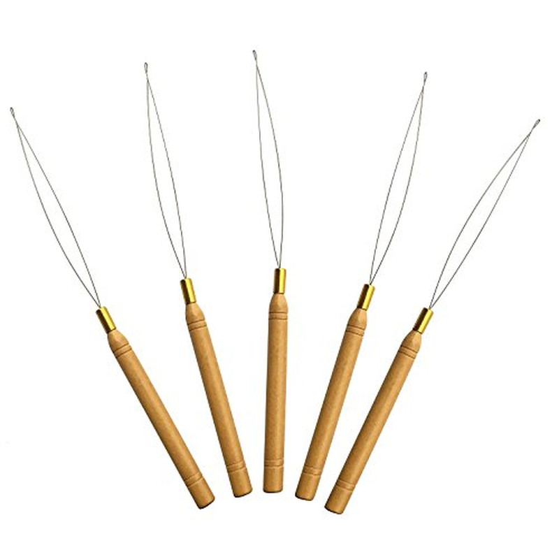 5 Wooden Hair Extensions Loop Needle Threader Wire Pulling Hook Tool for Silicon