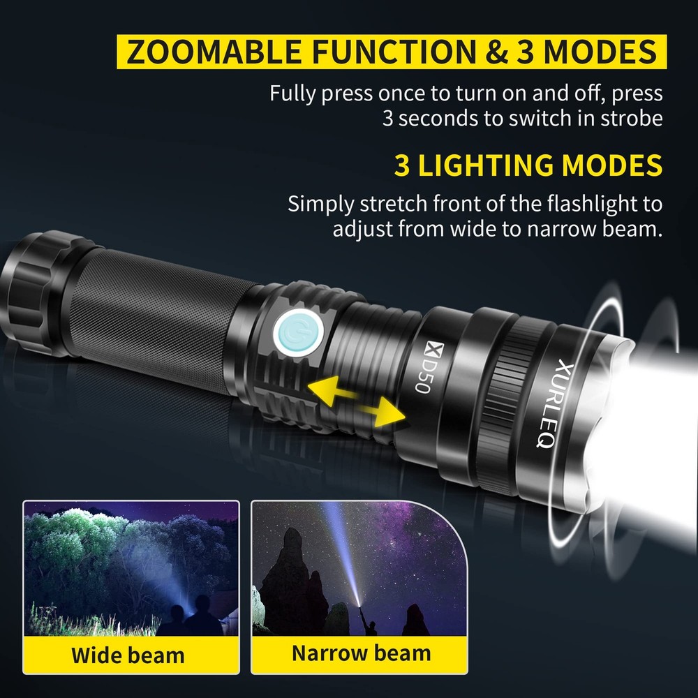 XURLEQ Flashlight Rechargeable Flashlights 3 Modes P70, Black