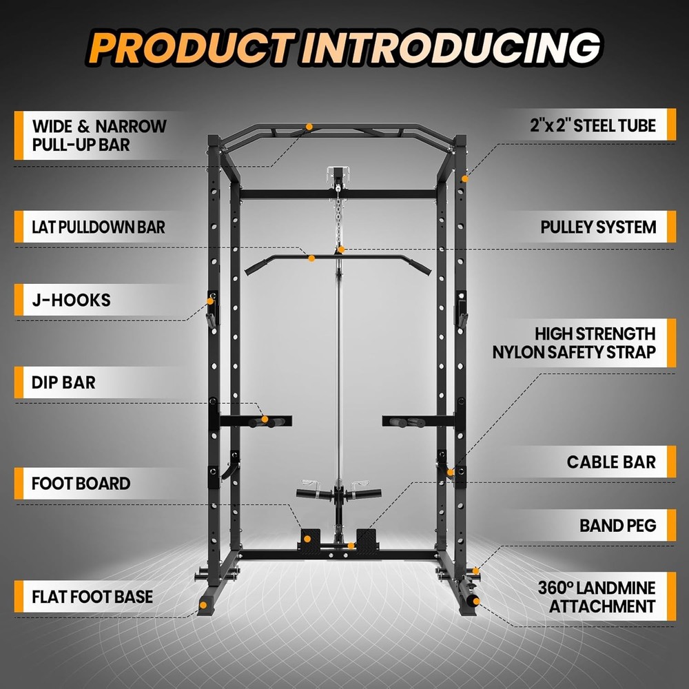Power Cage with LAT Pulldown, Multi-Functional Power Rack with J-Hooks
