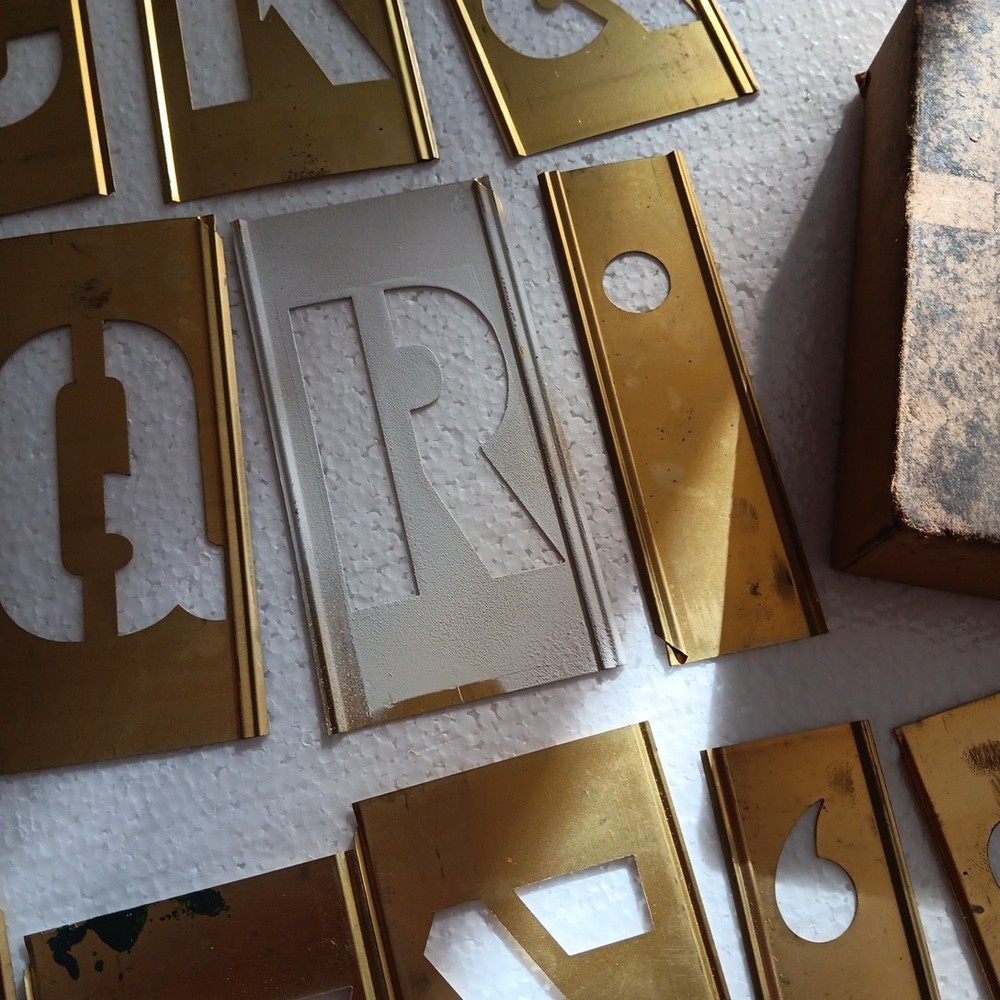 Vtg Brass Stencil Set Numbers Letters General Stencils Box Missing Letters 5”