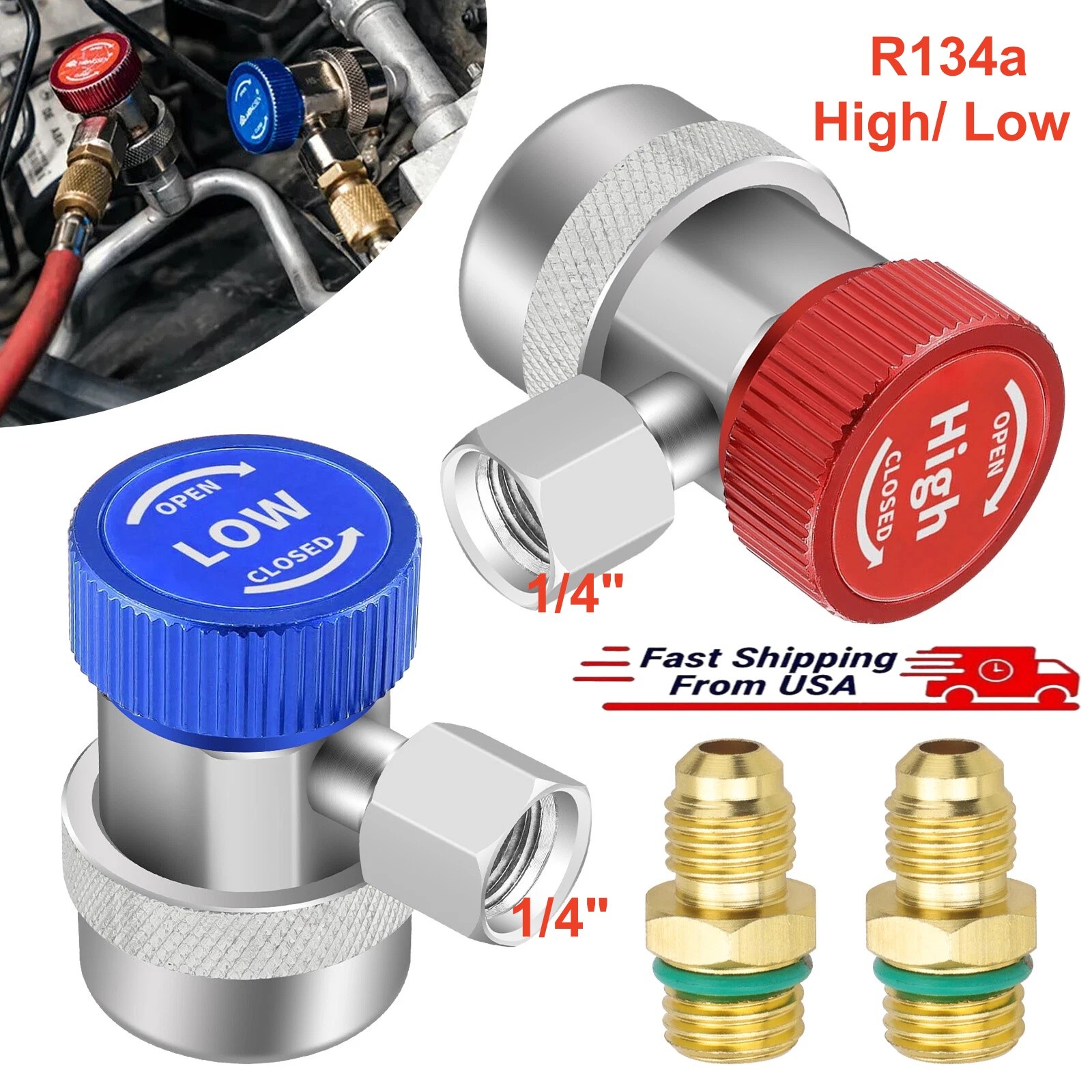 R134A AC Service Coupler Set, Red Blue High Low Side Adapter 1/4" Flare