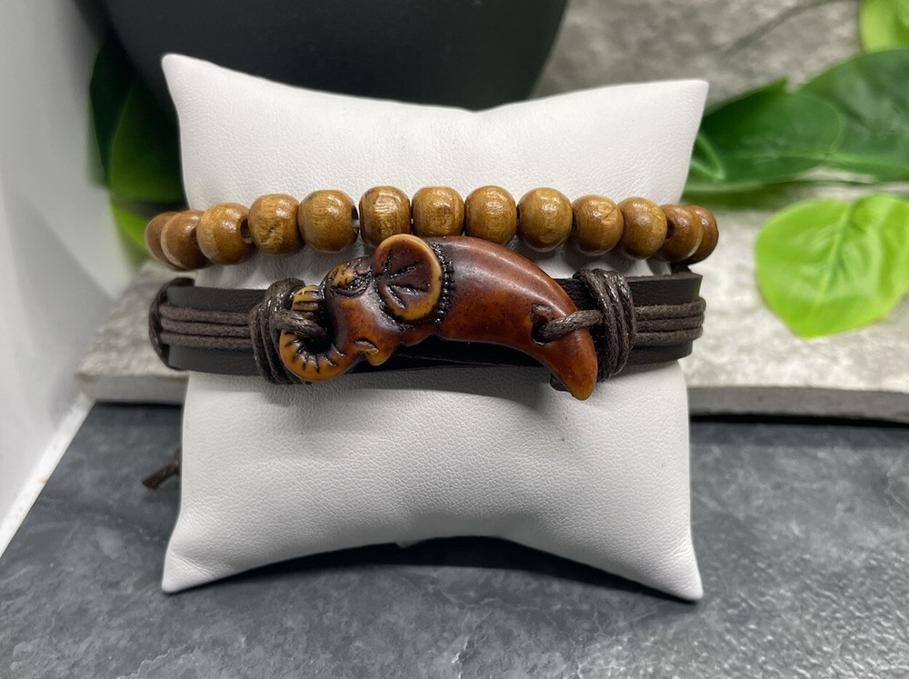 2 PC Leather Bracelet Wood Bead Stackable Adjustable Tie Free Ship B2901