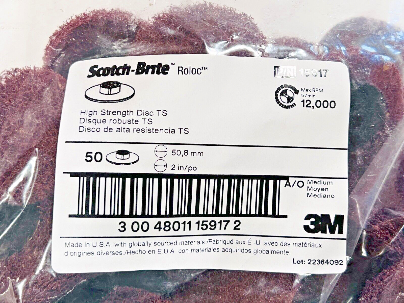 (50) 3M Scotch-Brite Roloc TS Quick Change High Strength Disc 2" Medium Grit