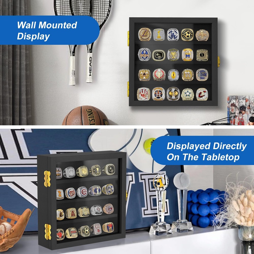 Championship Ring Display Case: Wooden Shadow Box with 20 Posts Black