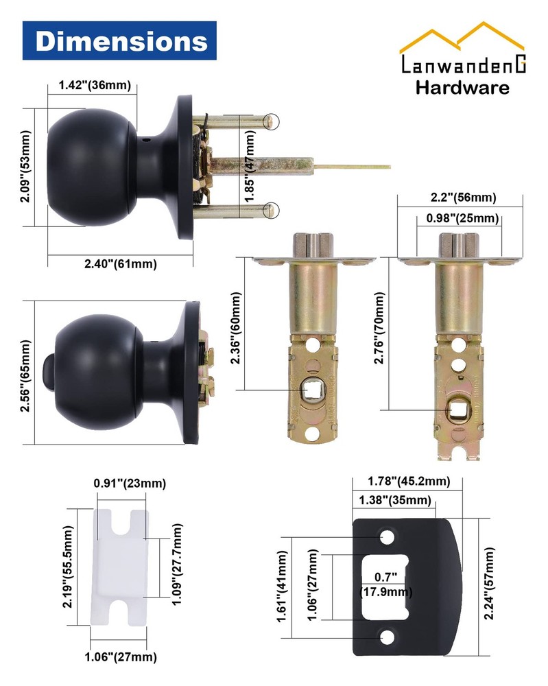 Lanwandeng Matte Black Door Knobs with Lock and Keys, 1 Pack, Entry Keys