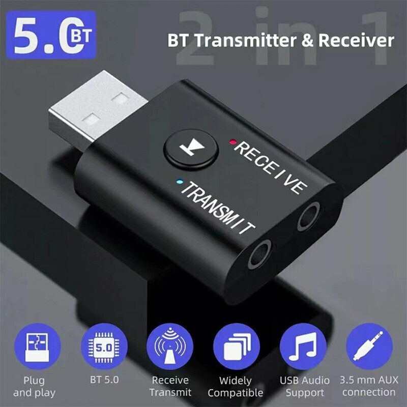 2in1 Bluetooth 5.0 USB Audio Transmitter Receiver Adapter Wireless for Car TV PC
