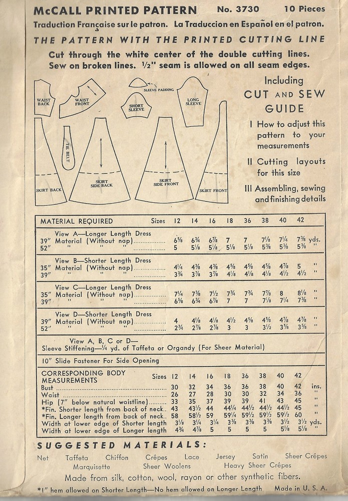 1940 WW2 Vintage Sewing Pattern B30" DRESS (1663)