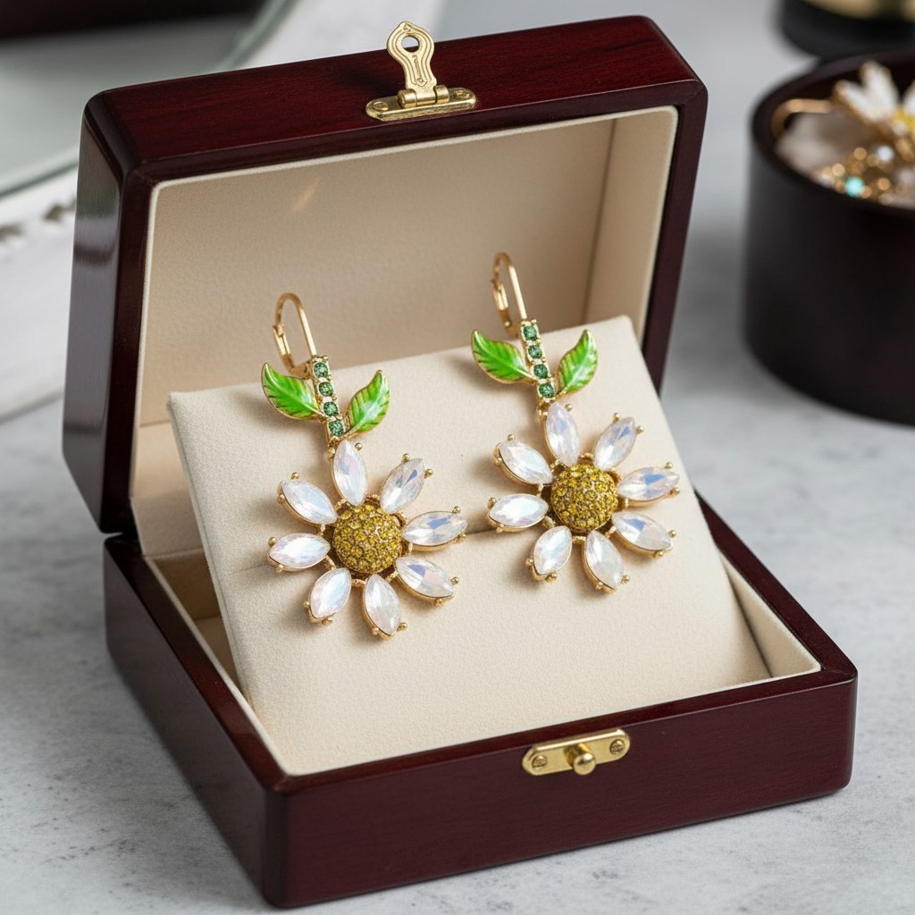 Betsey Johnson Earrings Gold Tone Crystal Daisy Drop Floral Leverback