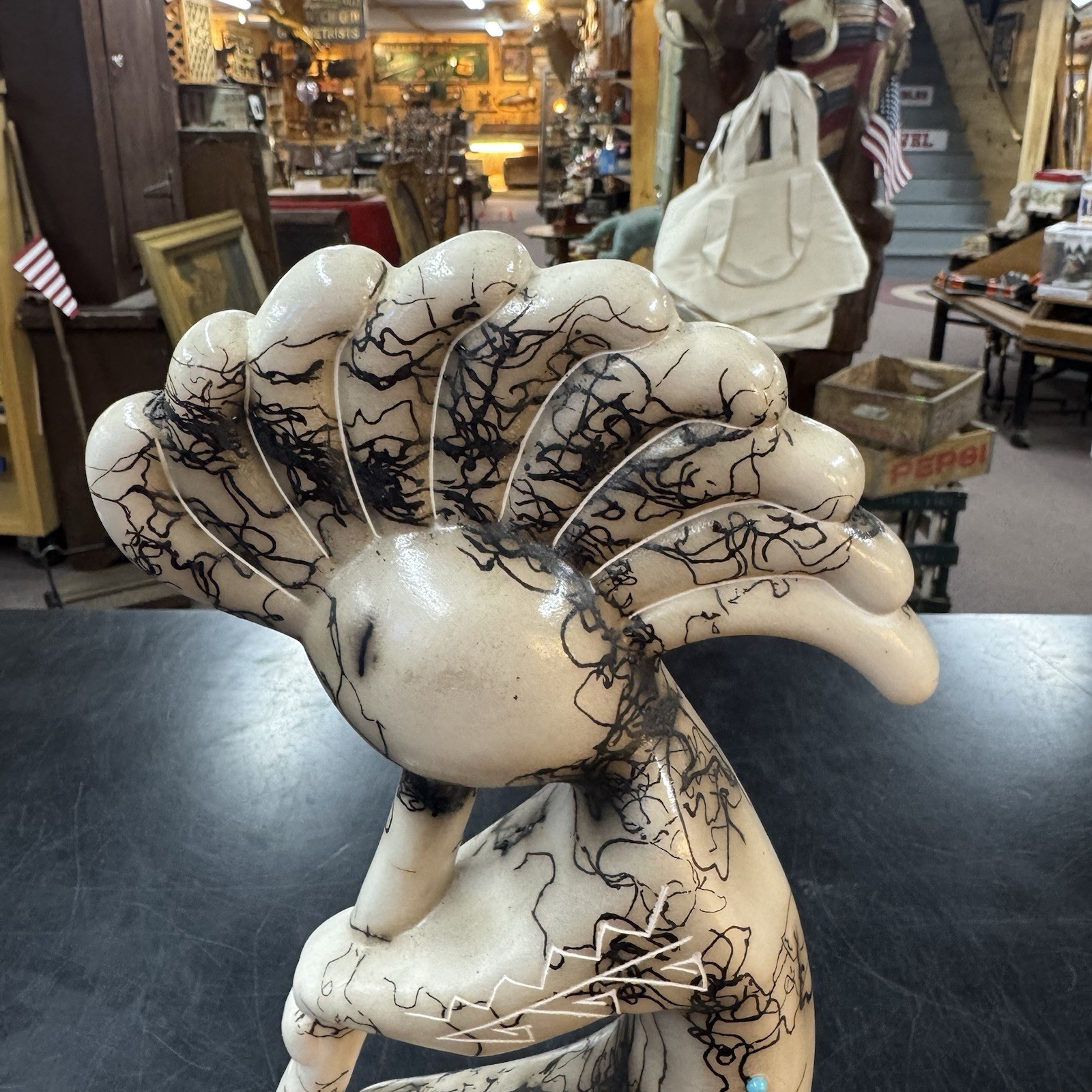 Native American Pottery Horse Hair Kokopelli Sculpture by Vail