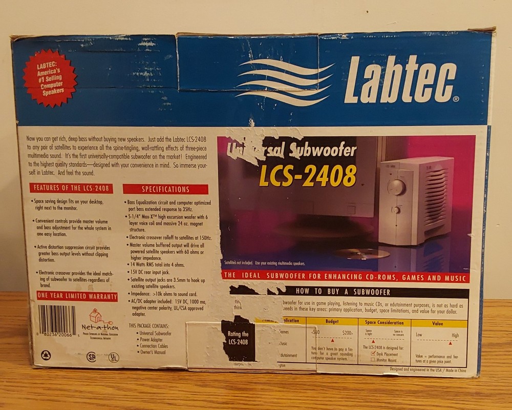 Labtec LCS-2408 Magnetically Shielded Subwoofer, Space Saving, 3.5mm, Compatible