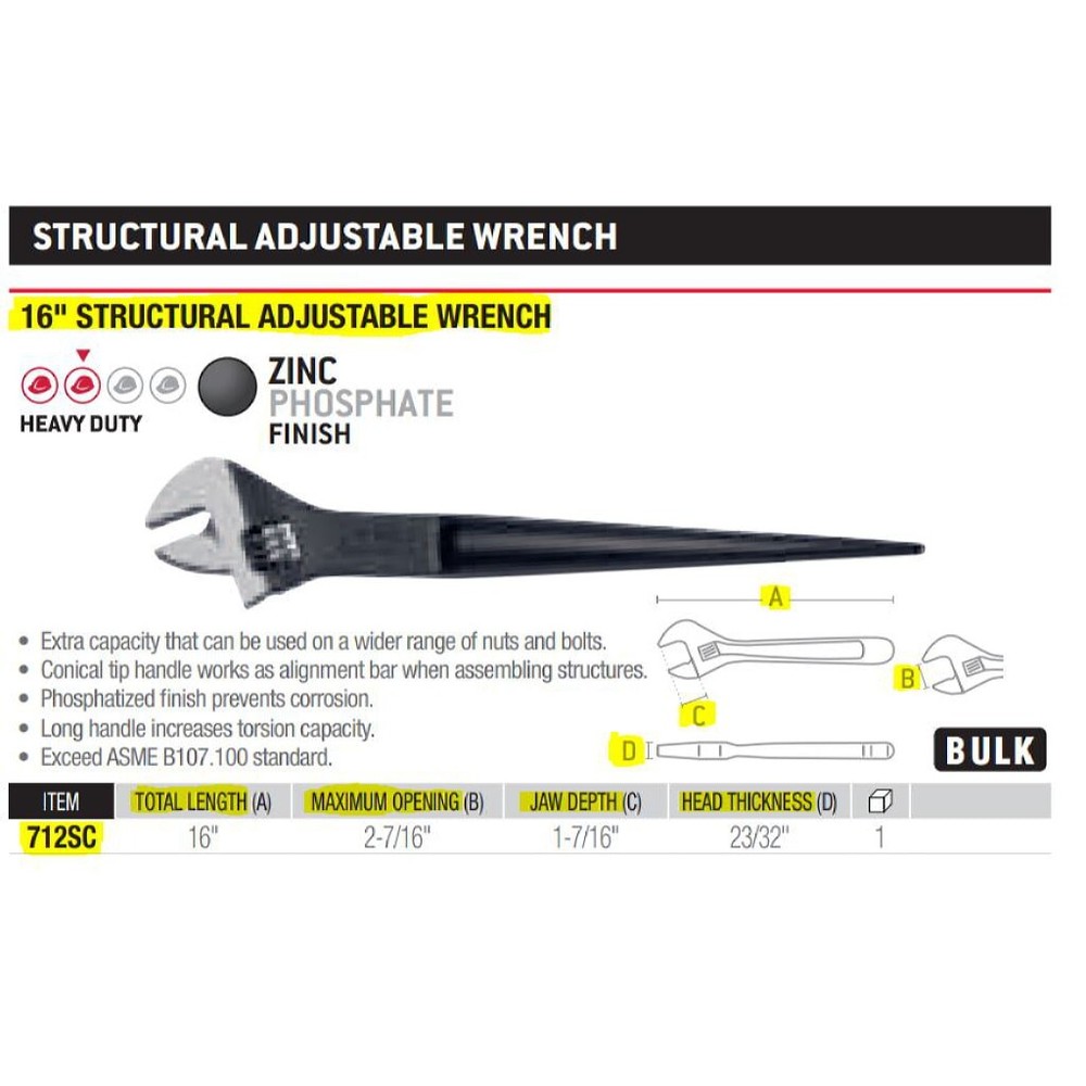 Urrea 712SC Structural Adjustable Wrench 16" Total Length