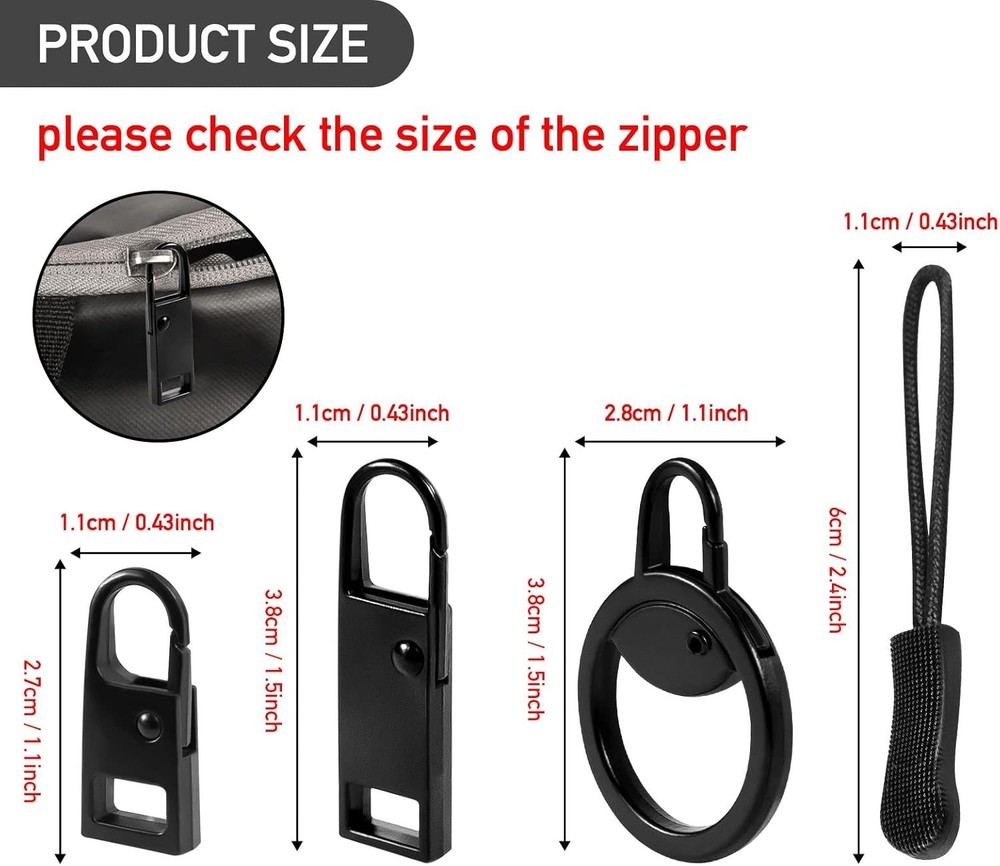 Durable Black Zipper Pull Tab Replacement Kit - Quick, Tool-Free Fix for Bags