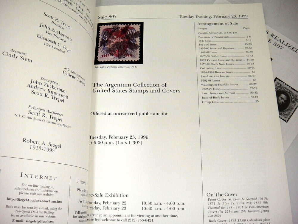 Siegel Auction Catalog w Prices Realized Argentum Collection Stamps Covers 1999
