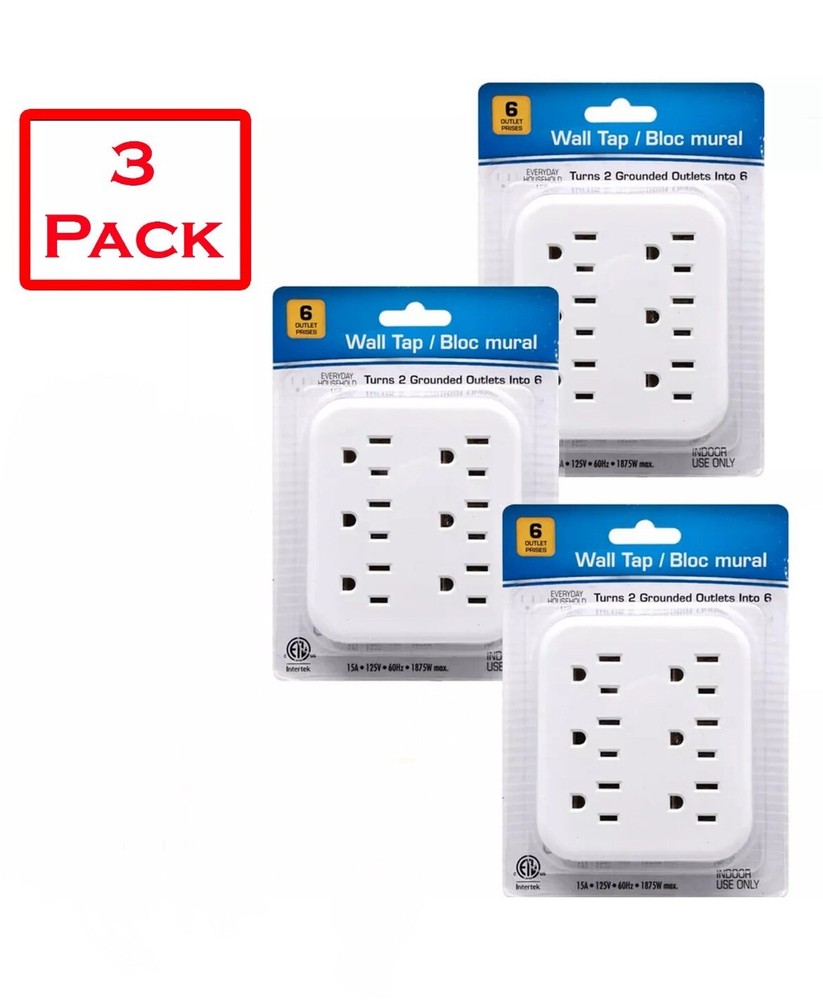 3 Pack White 6 Outlet Wall Outlet Adapters Multi Plug Power Splitters Electrical
