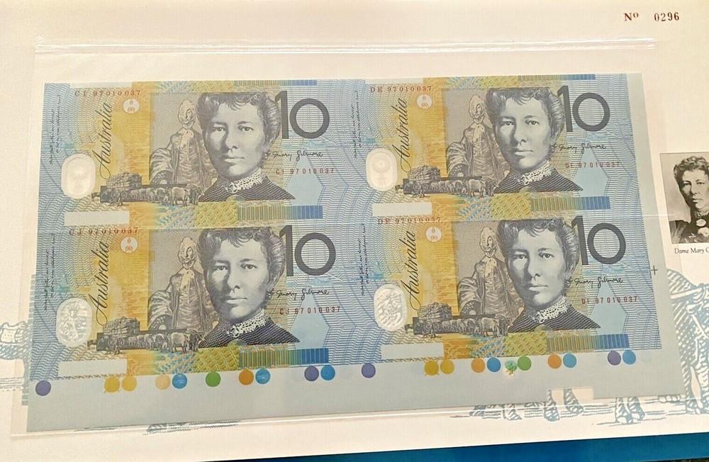 AUSTRALIA LAST PREFIX $10 DF97 MACFARLANE/EVANS UNC RED BLOCK 4 UNCUT FOLDER .