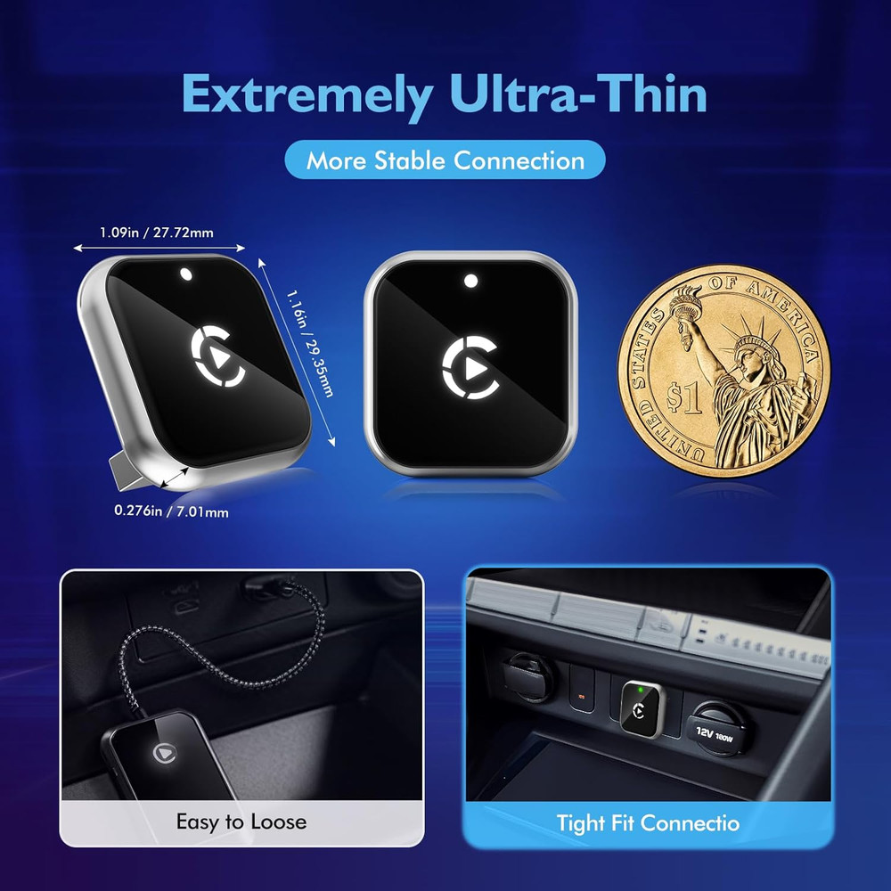Mini L-Type & Ultra-Thin CarPlay Adapter, Wireless and Bluetooth Latency Free Co
