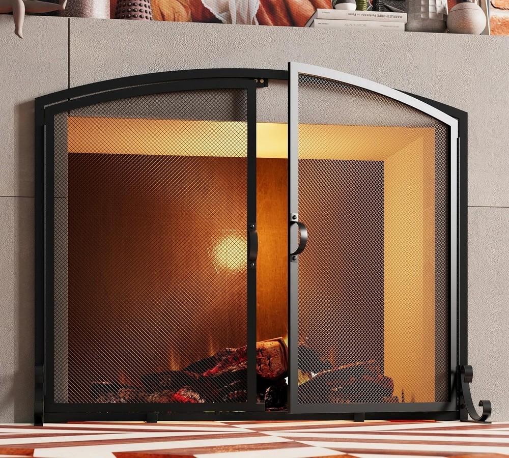 2-Pannel Fireplace Screen with Doors, Handcrafted Solid Mesh,Stable Adjustable F