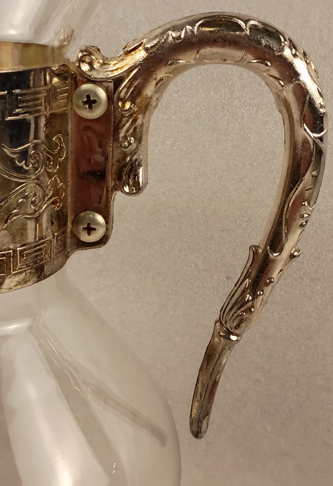 Clear Glass Pitcher With Silver Collar And Handle Vintage Decorative...