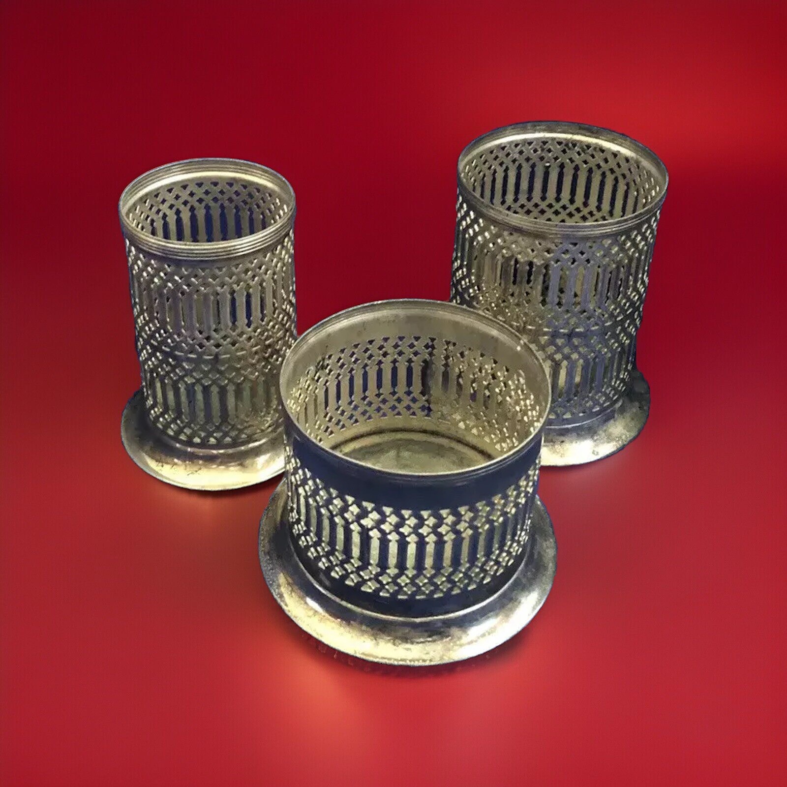 SilverPlate Japan Set Of 3 Round Vase Napkin Candle Holders Lattice Unique Rare